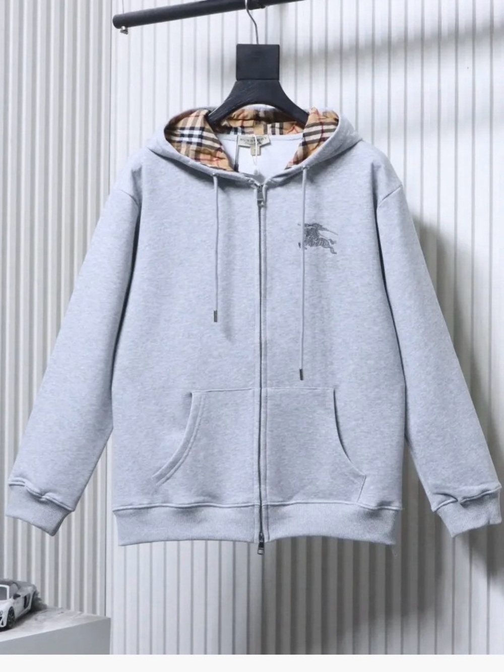 Burberry Light Gray Zip Hoodie with Signature Check Hood Lining